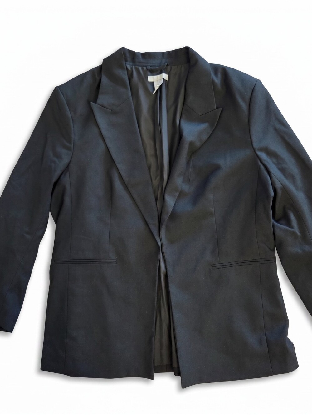 HM Black No Button Blazer M Medium Open Front Peaked Lapel Crepe Career Jacket
